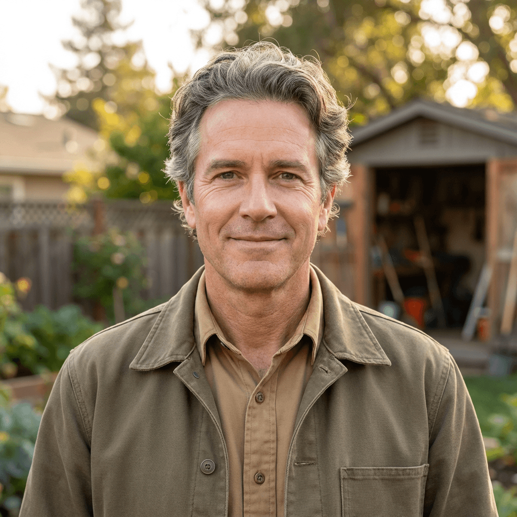 Male author in his early 50s with a warm expression in a home library