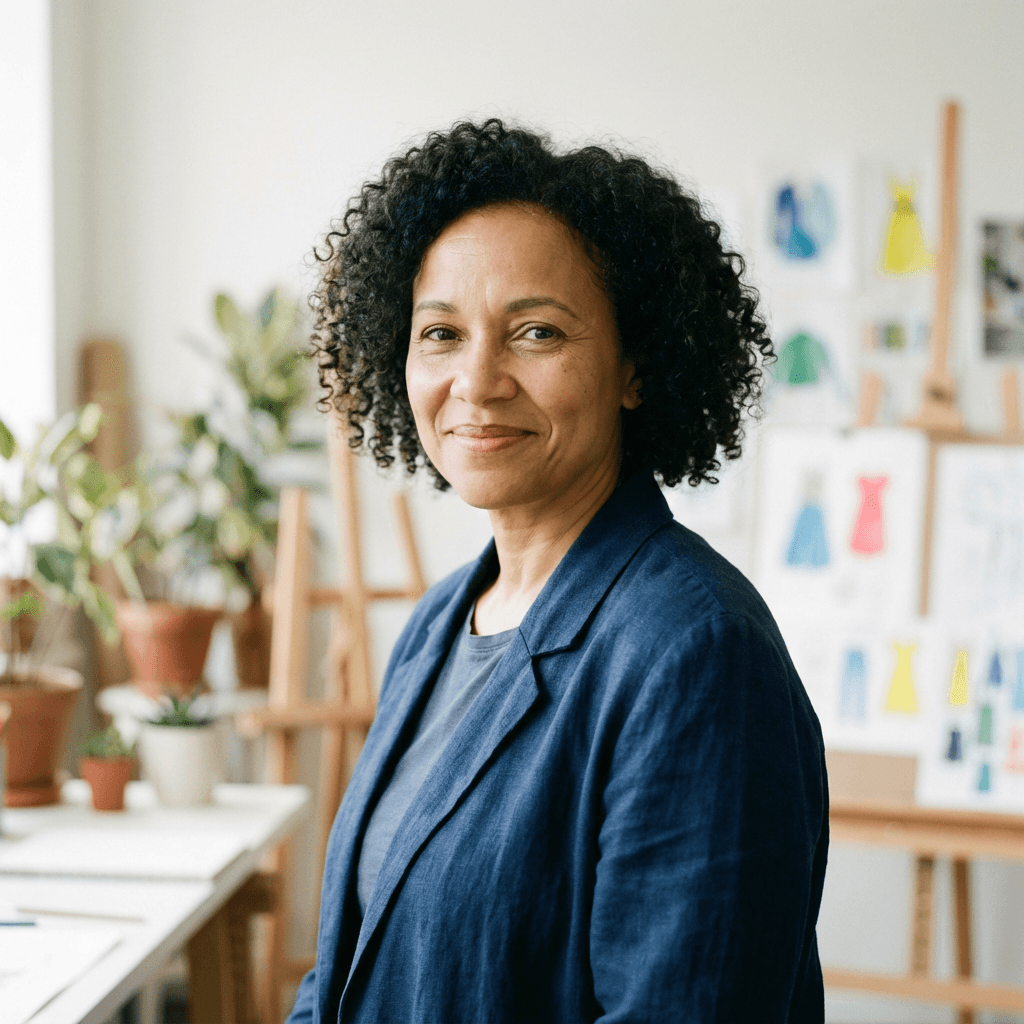 Female editor in her mid 40s with a calm expression at a tidy desk