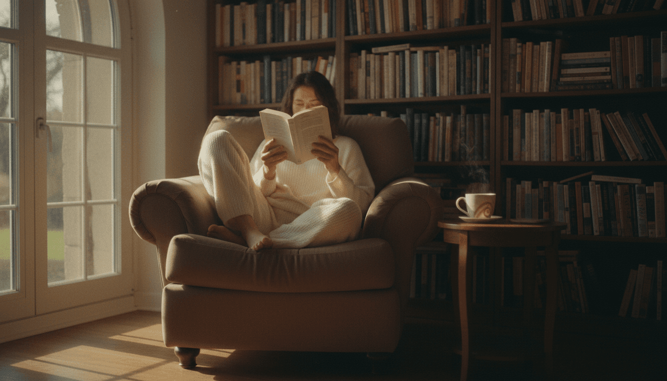 Person reading a paperback book in a cozy sunlit reading nook