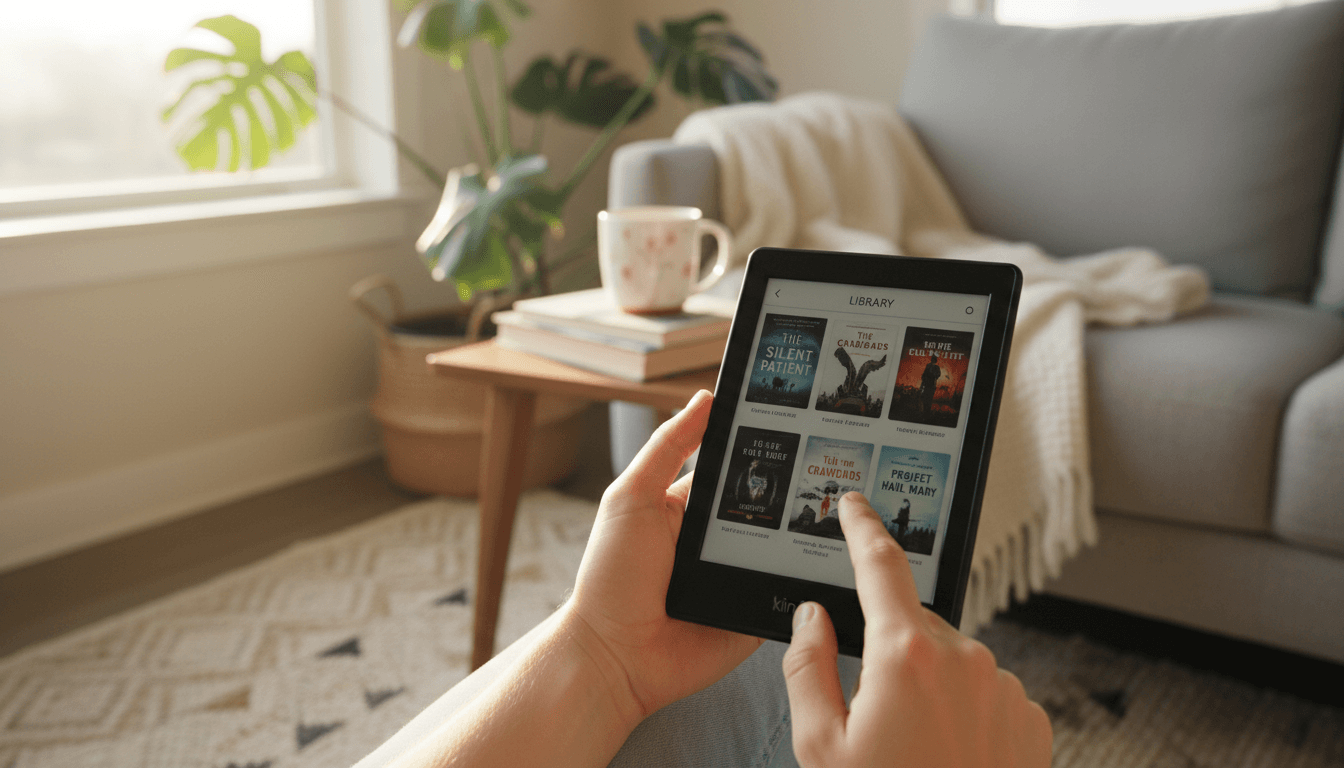 Hands holding a Kindle device while browsing book selections in a cozy home setting