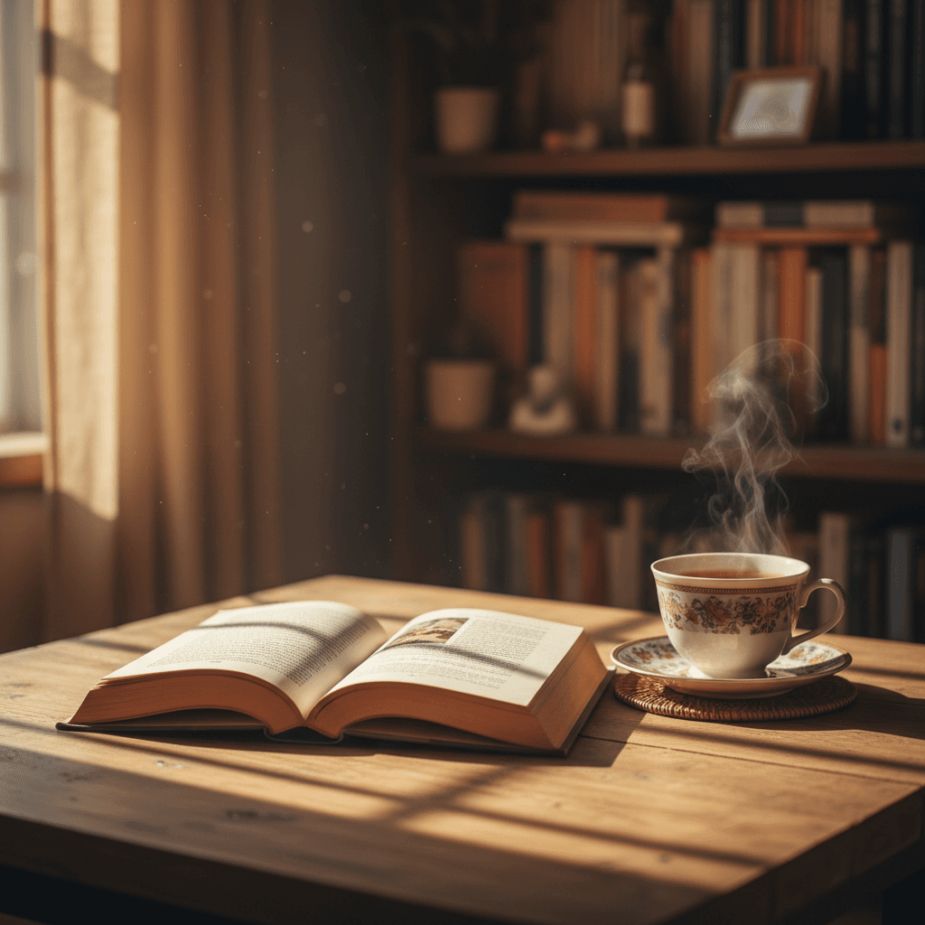 Open paperback book on a wooden table with a cup of tea in soft morning light