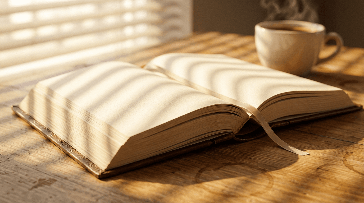 Open paperback book resting on a sunlit wooden table with a coffee cup nearby