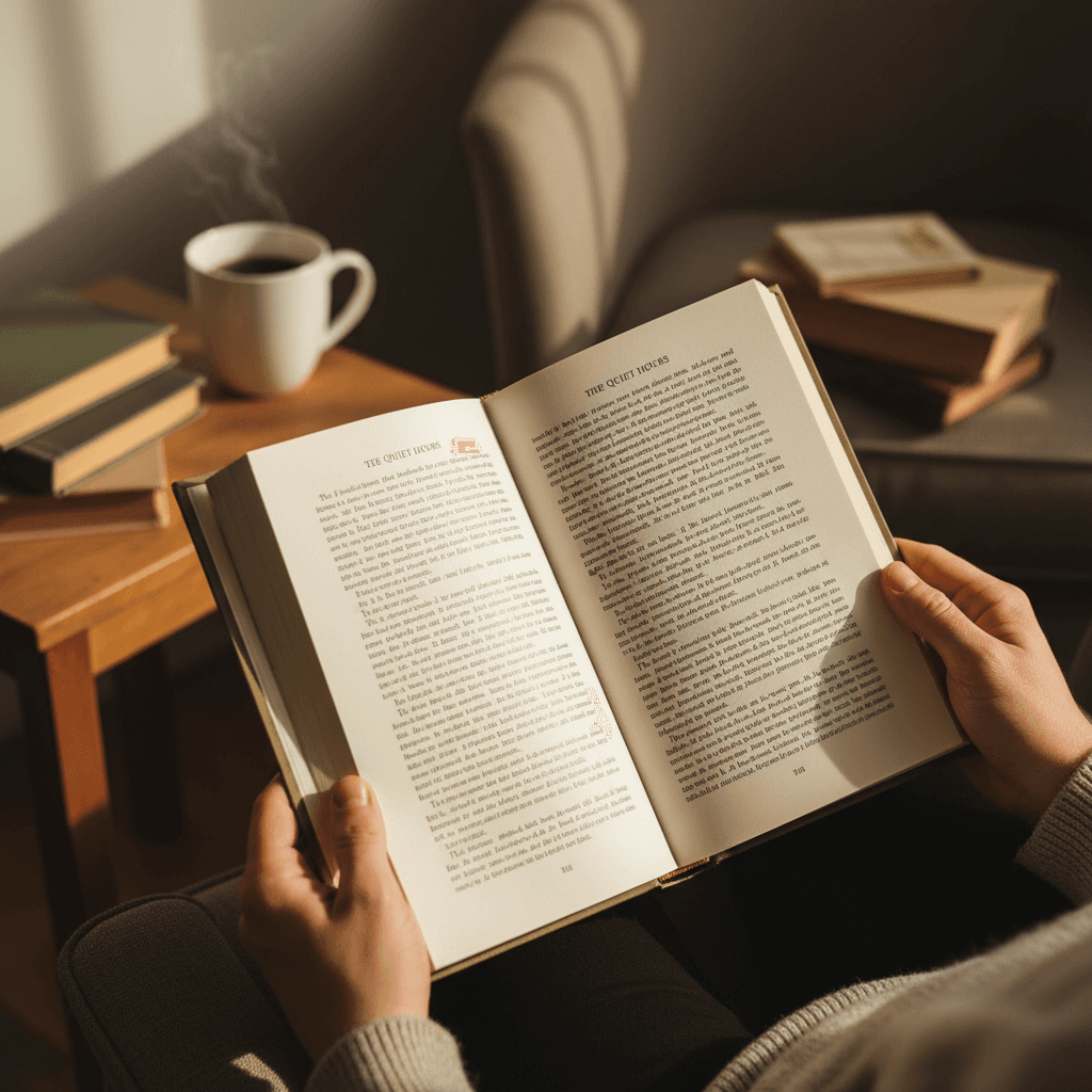 Hands holding an open book while reading