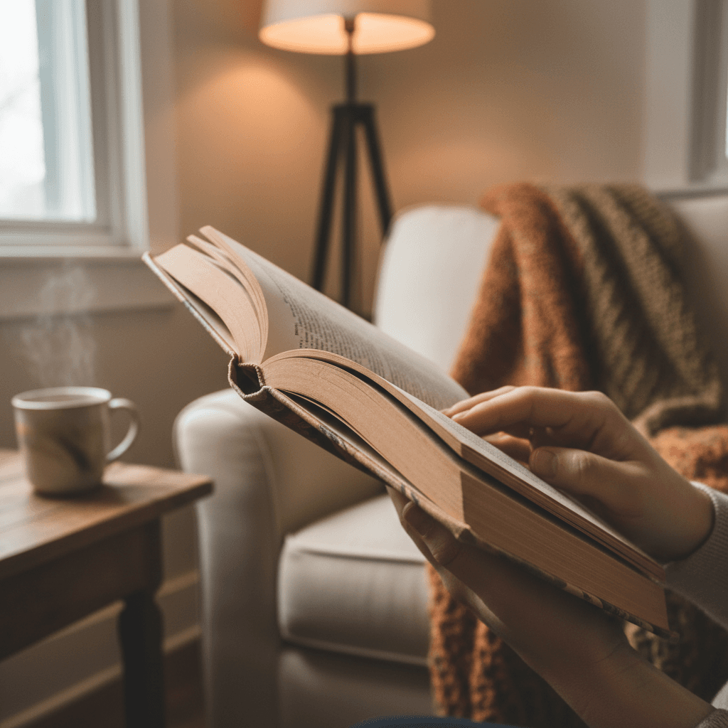Open paperback book on wooden table with a cup of tea nearby