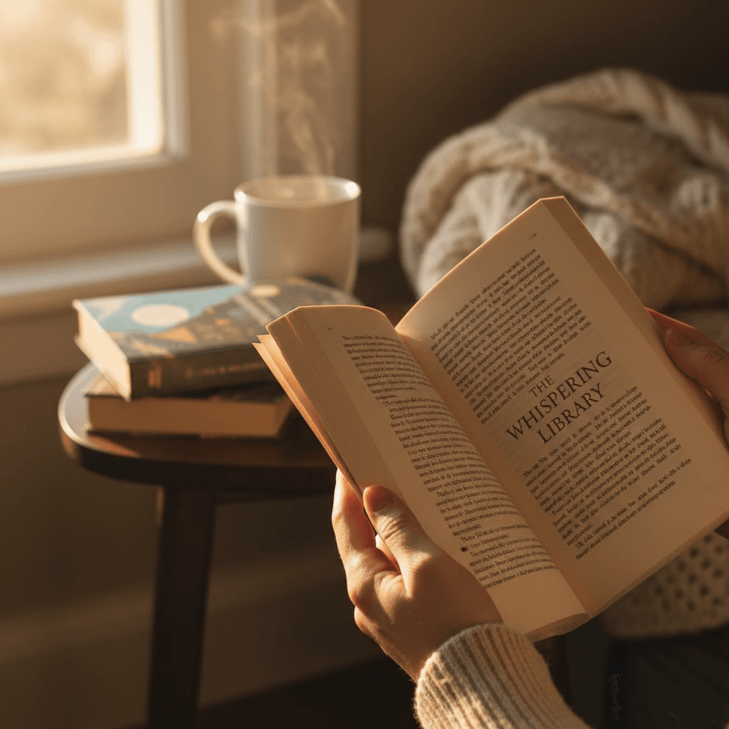 Open paperback book resting on a wooden table with a cup of tea nearby