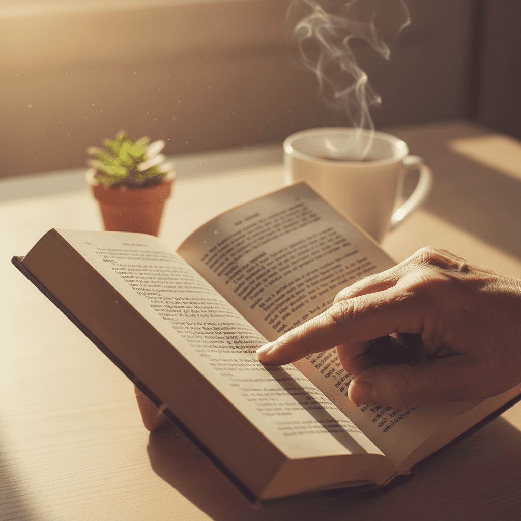 Open book on a wooden table with a cup of tea in warm light
