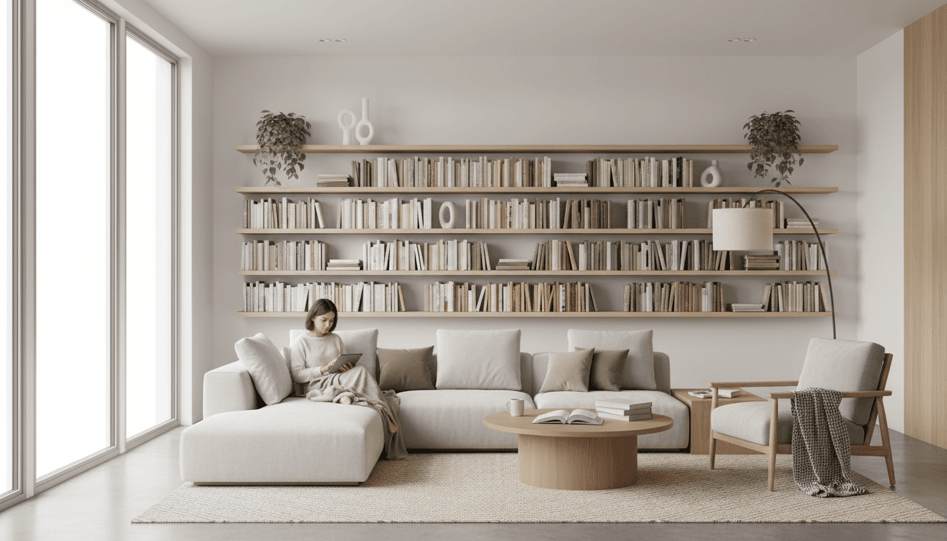 Cozy reading nook with an armchair, stack of books, and a Kindle on the cushion