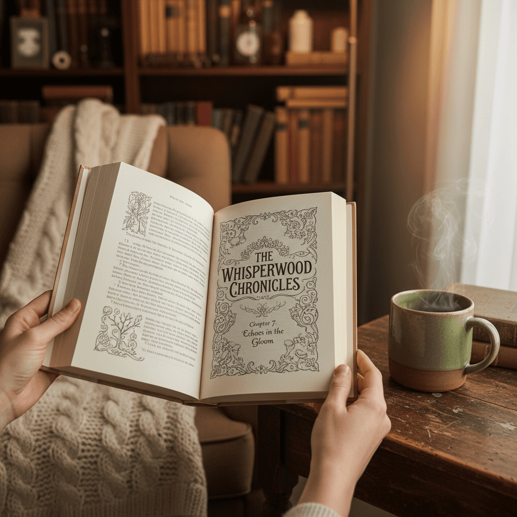 A Kindle e-reader on a wooden table beside a cup of tea